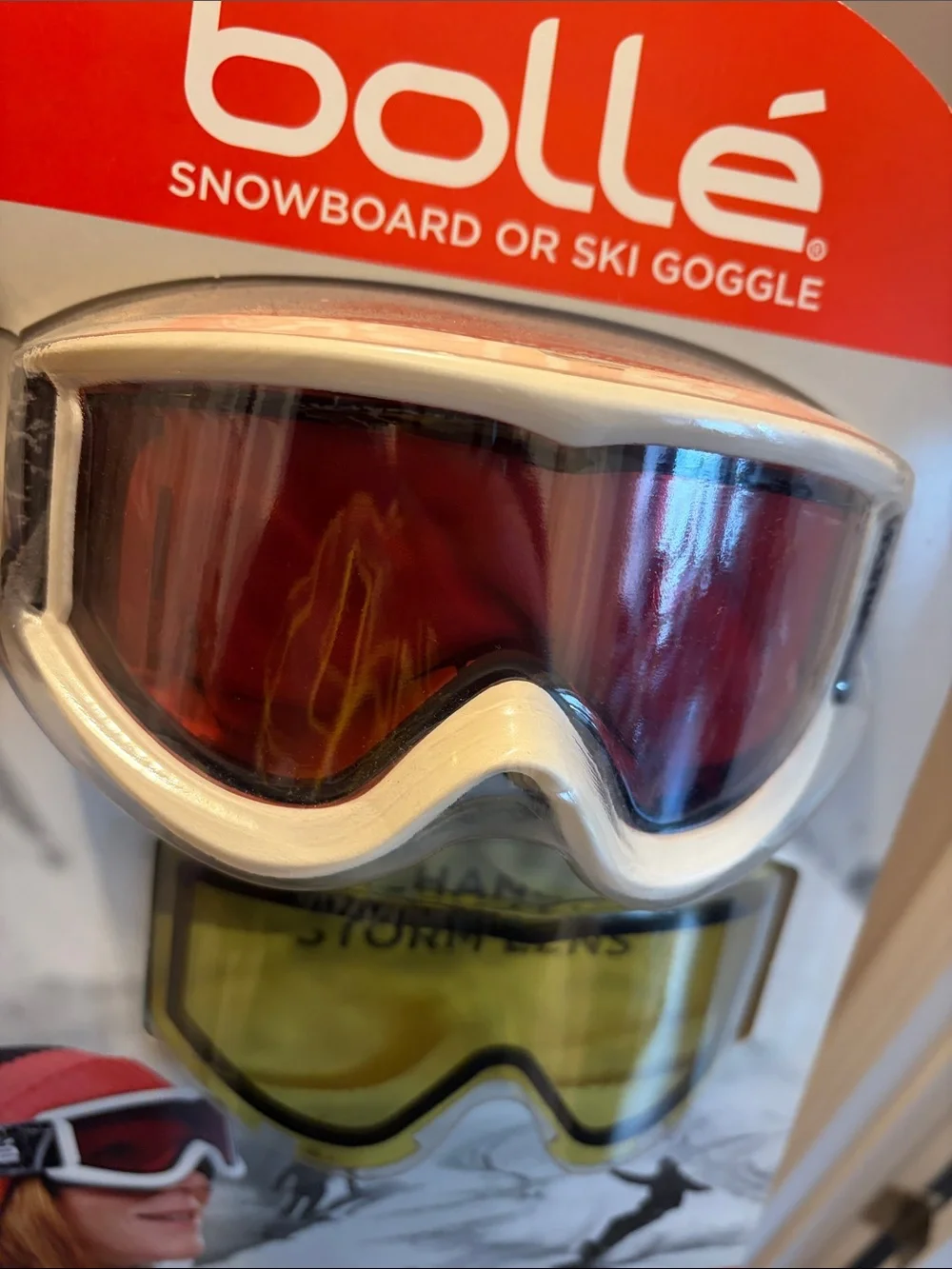 Bile White Snowboard Goggle with Red Mirror Lens and Yellow Replacement Lens